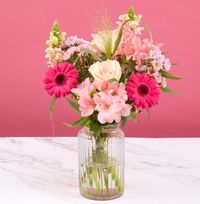 Tap to view Peach Rose & Gemini Arrangement in Glass Vase